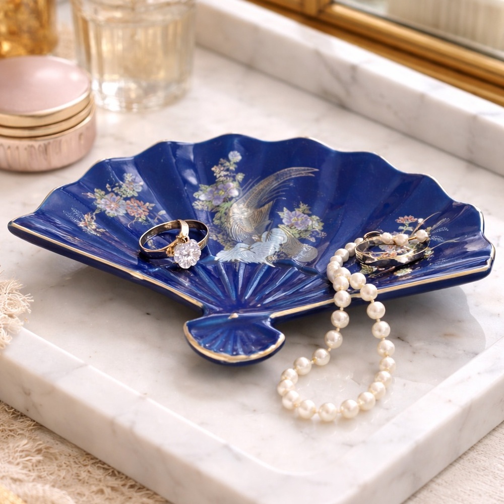 Vintage Kutani Japan Cobalt Blue Floral Pheasant Porcelain Fan Trinket Dish - Picture 8 of 9